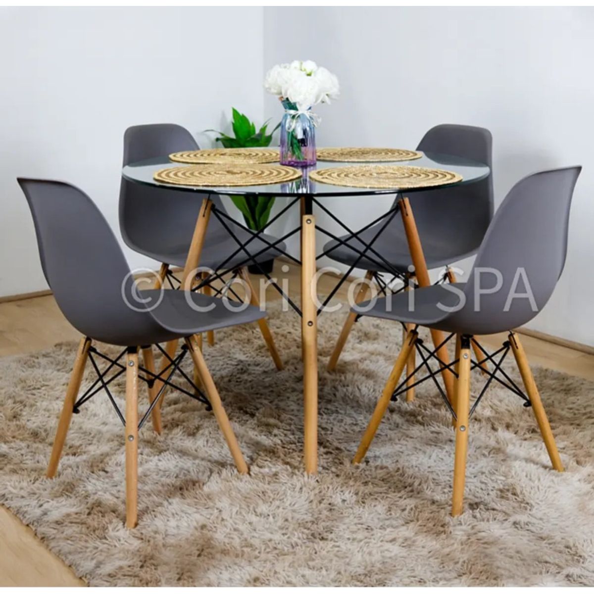 CORI CORI - Juego de Comedor Mesa Eames Vidrio 100cm + 4 Sillas Eames Gris