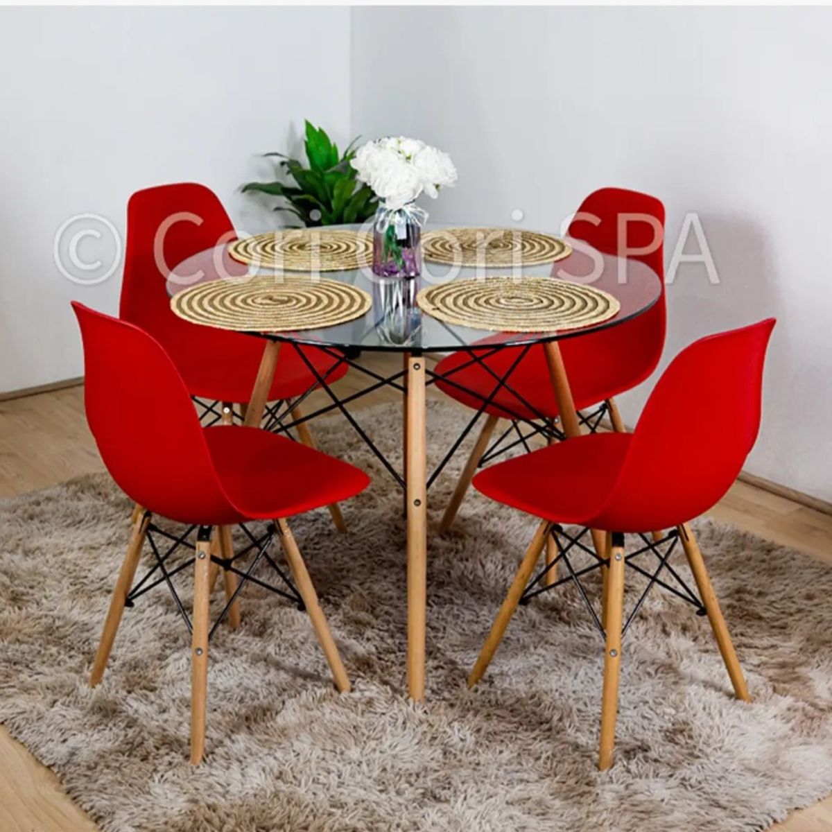 CORI CORI - Juego de Comedor Mesa Eames Vidrio 100cm + 4 Sillas Eames Rojo…