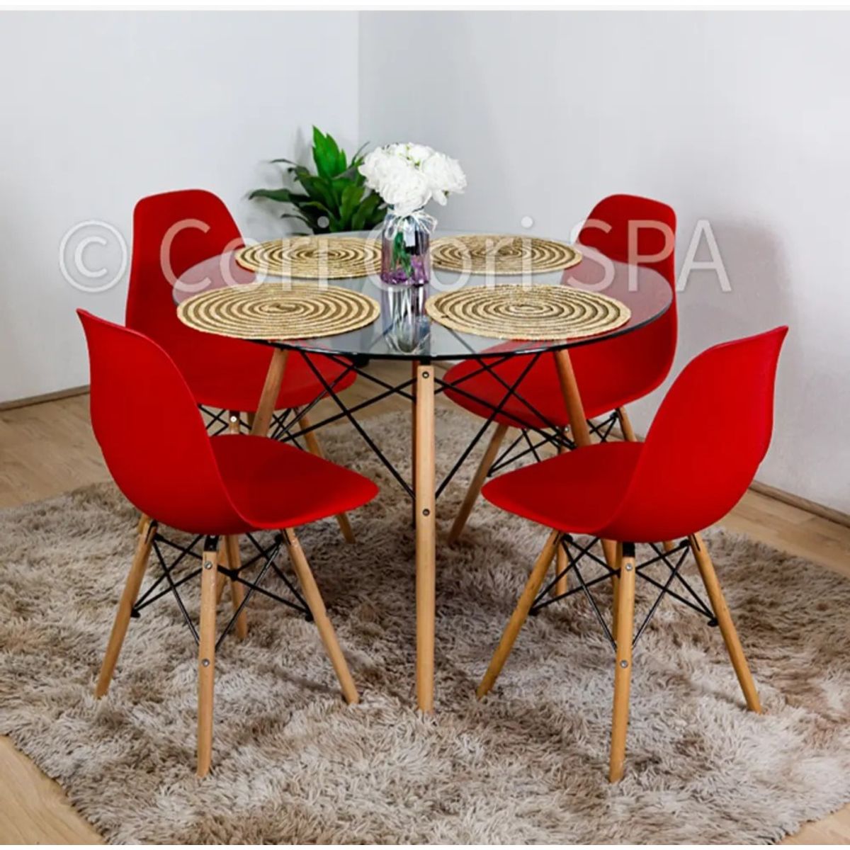 CORI CORI - Juego de Comedor Mesa Eames Vidrio 100cm + 4 Sillas Eames Rojo…