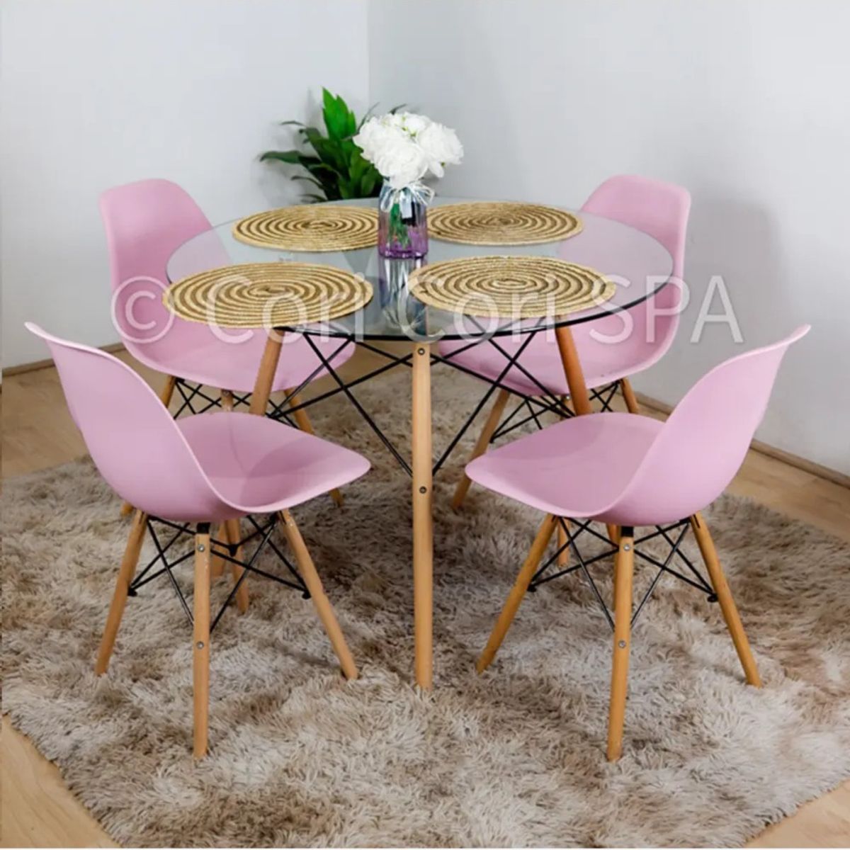 CORI CORI - Juego de Comedor Mesa Eames Vidrio 100cm + 4 Sillas Eames Rosa…