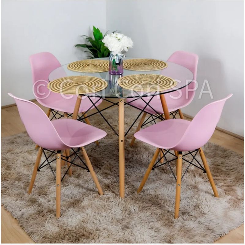CORI CORI - Juego de Comedor Mesa Eames Vidrio 100cm + 4 Sillas Eames Rosa
