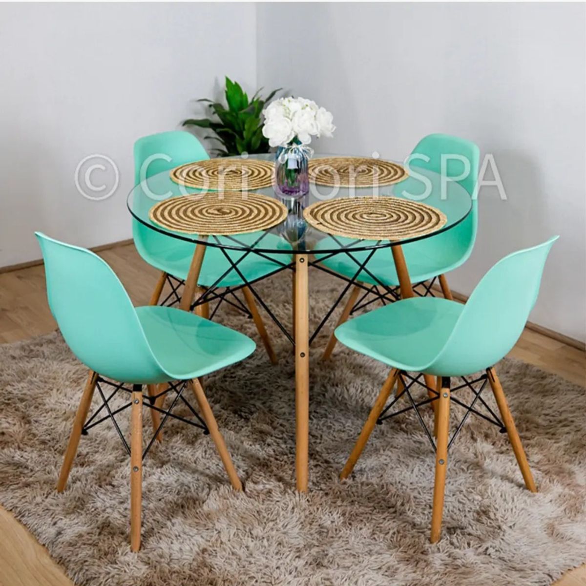 CORI CORI - Juego de Comedor Mesa Eames Vidrio 100cm + 4 Sillas Eames Menta…