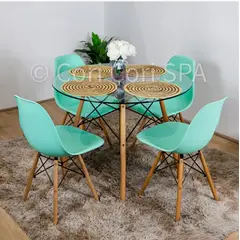 CORI CORI - Juego de Comedor Mesa Eames Vidrio 100cm + 4 Sillas Eames Menta…