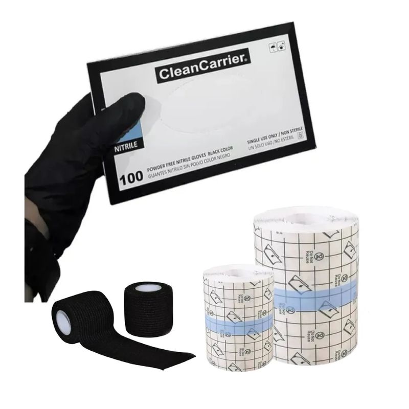 GENERICO - Parche Tatuaje De 10 Y 5cm + Guantes Nitrilo L + 2 Coban Negro