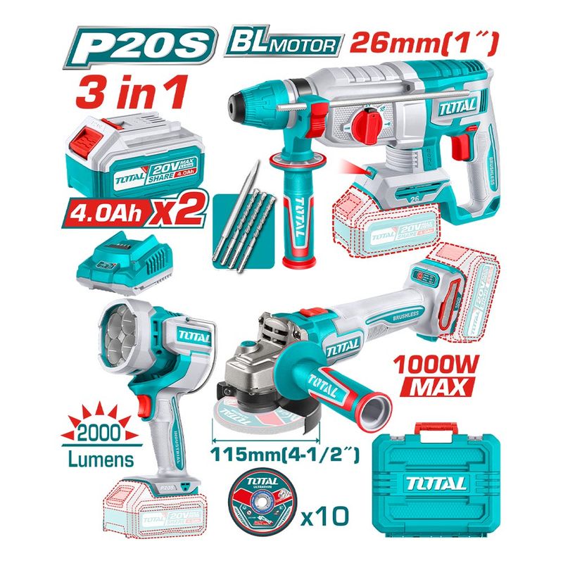 TOTAL TOOLS - Kit Rotomartillo Inal 25j +Esmeril 115mm + Lampara + Acc Total