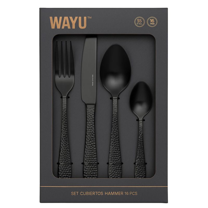 WAYU - Set Cubiertos Wayu Hammer Negro Mate 16 Piezas Elegantes