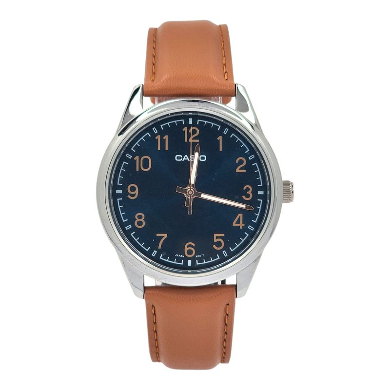 CASIO - Reloj Casio caballero MTP-V005L-2B4 correa cuero cafe esfera azul
