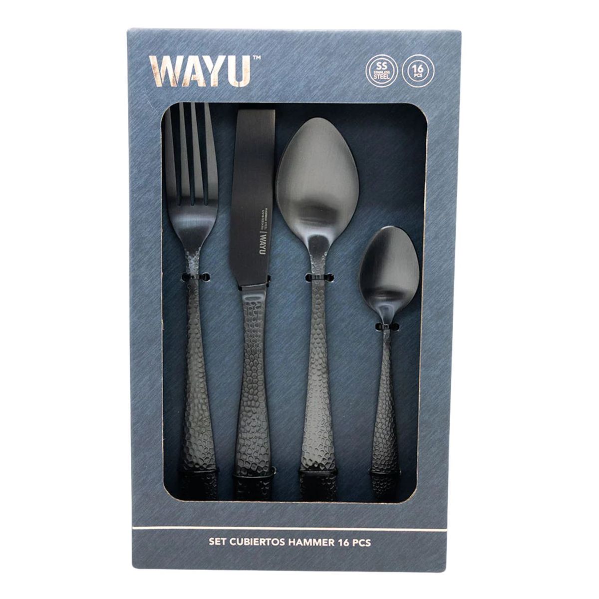 WAYU - Set Cubiertos Wayu Hammer Negro Mate 16 Piezas Elegantes