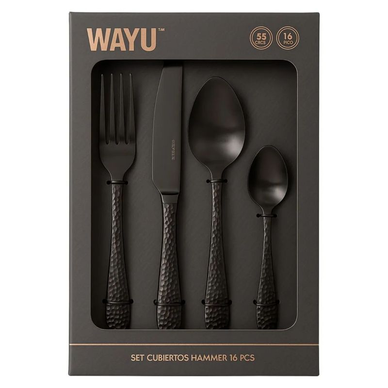 WAYU - Set Cubiertos Wayu Hammer Negro Mate 16 Piezas Elegantes