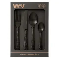 WAYU - Set Cubiertos Hammer Negro Mate 16 Piezas Elegantes