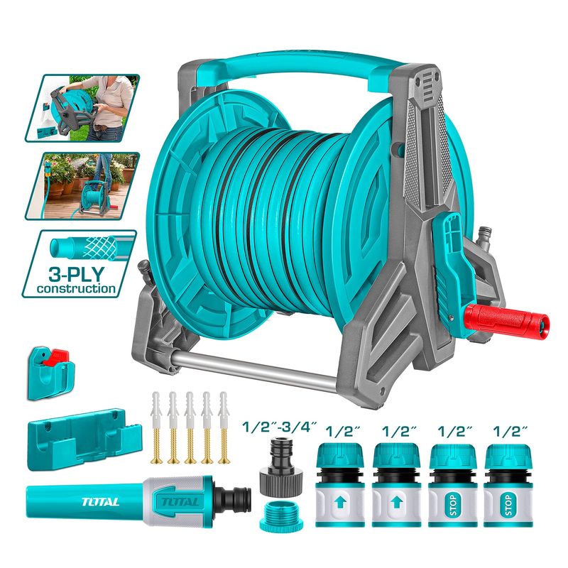 TOTAL TOOLS - Juego de Carrete para Manguera de Riego PVC 1/2" 20 m Total