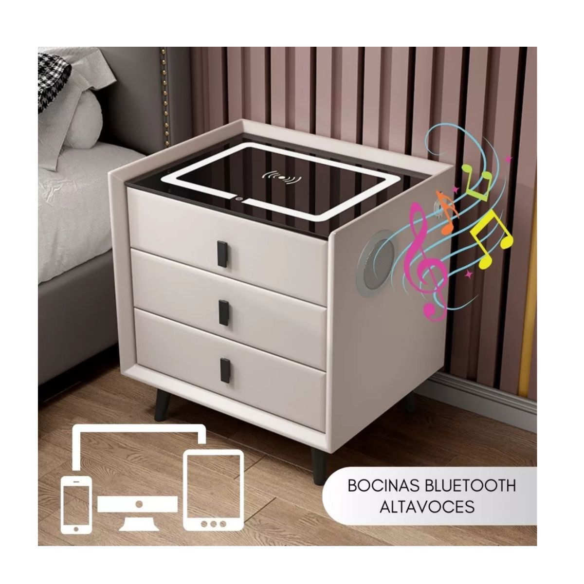 TODODESCUENTO - Velador Smart 2.0 Carga Inalámbrica Parlante Luz- Blanco