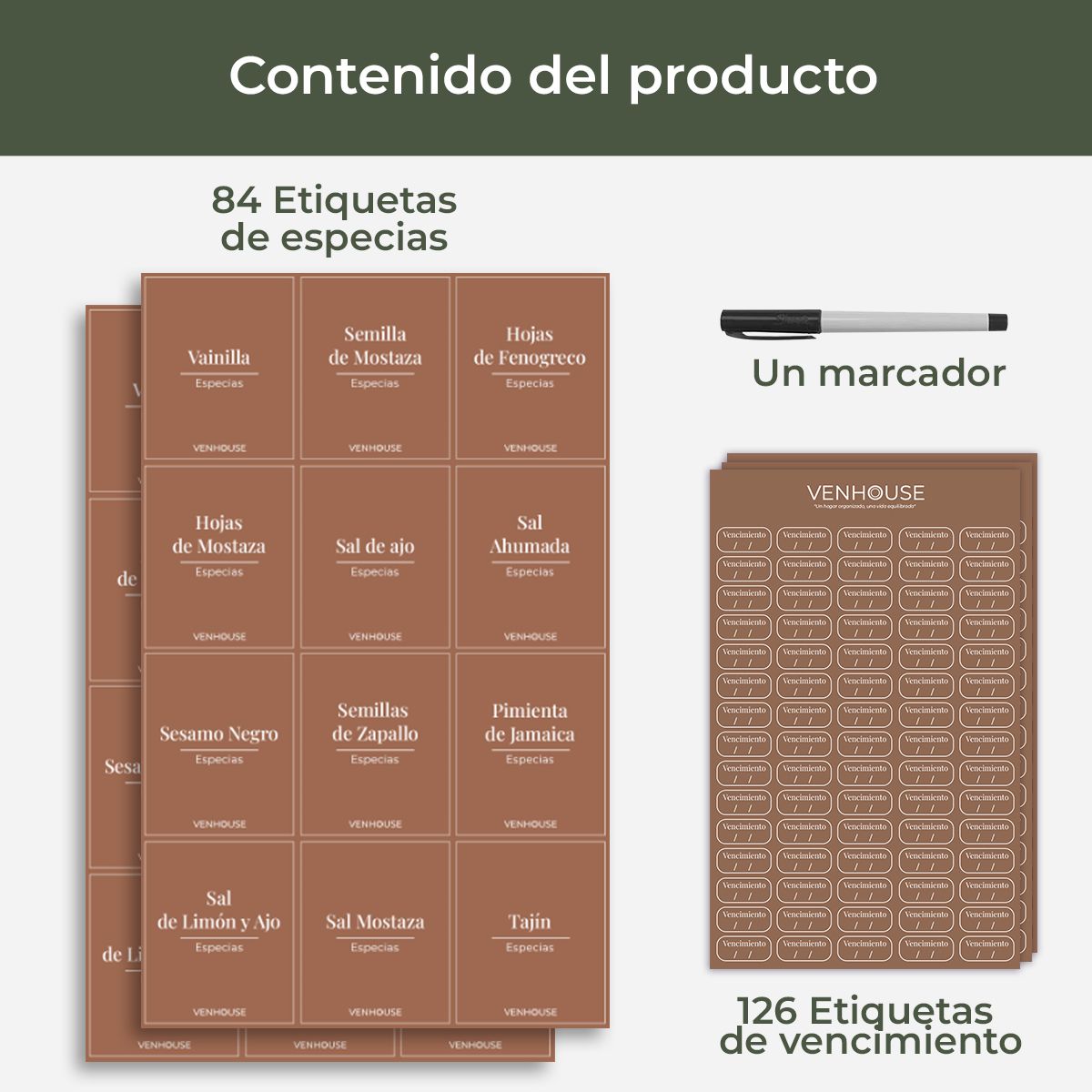 GENERICO - Etiquetas para Especieros Organización Cocina Impermeables Marrones