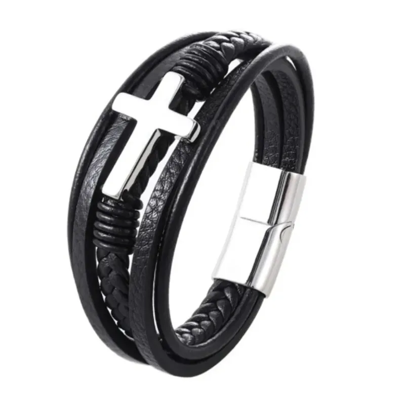 GENERICO - Pulsera De Cuero Cruz Silver Hombre Royal Madriz