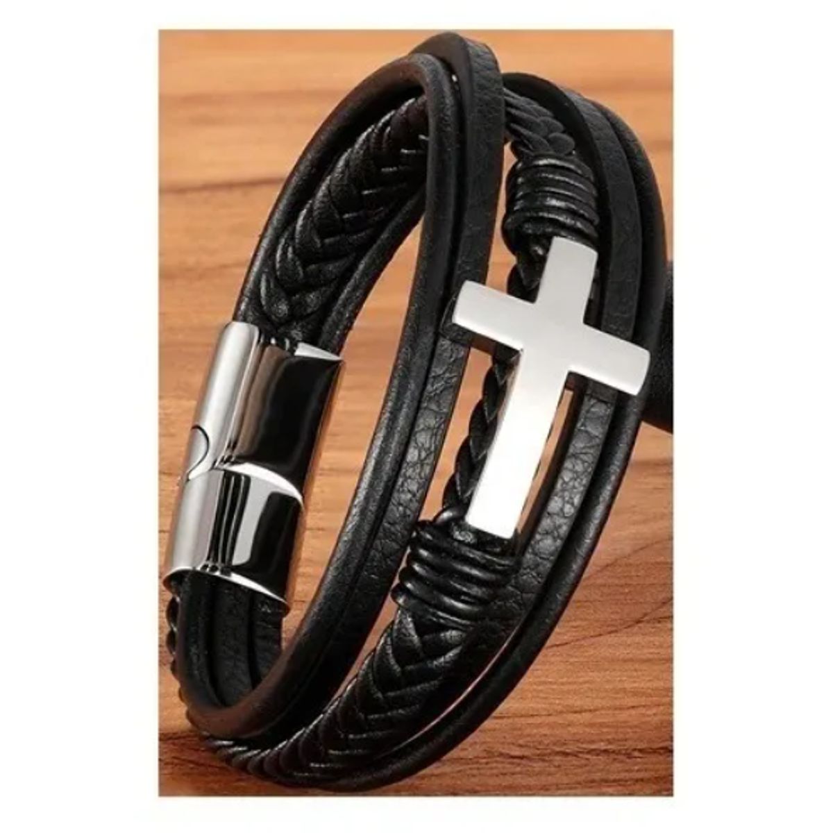 GENERICO - Pulsera De Cuero Cruz Silver Hombre Royal Madriz
