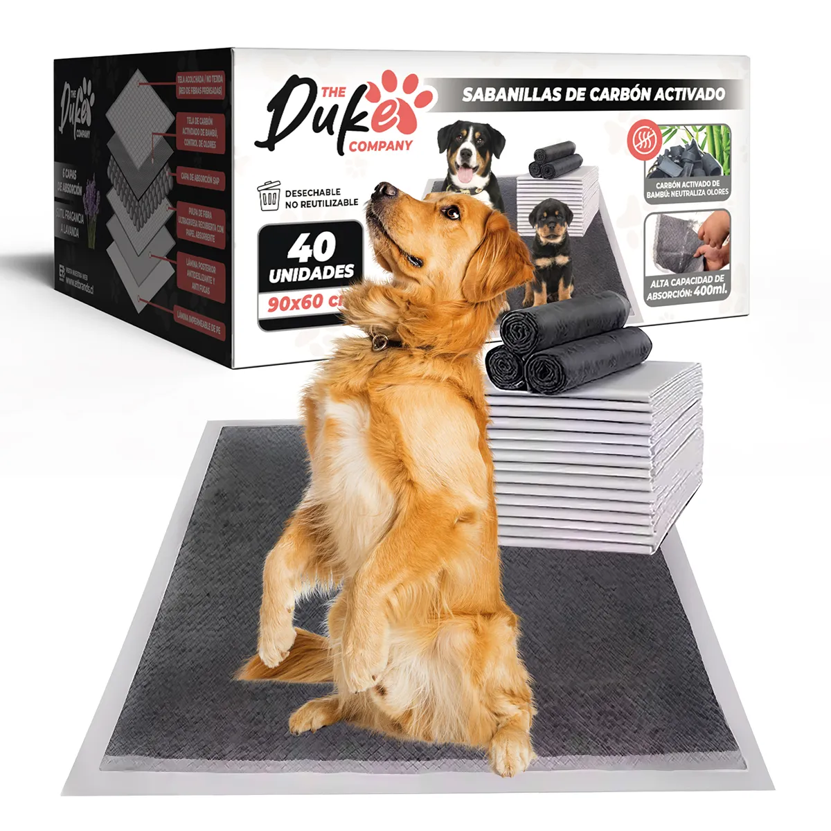 THE DUKE COMPANY - Sabanillas Para Perro Carbon 60x60 Duke 6 Capas Aromaticas 40U Pad