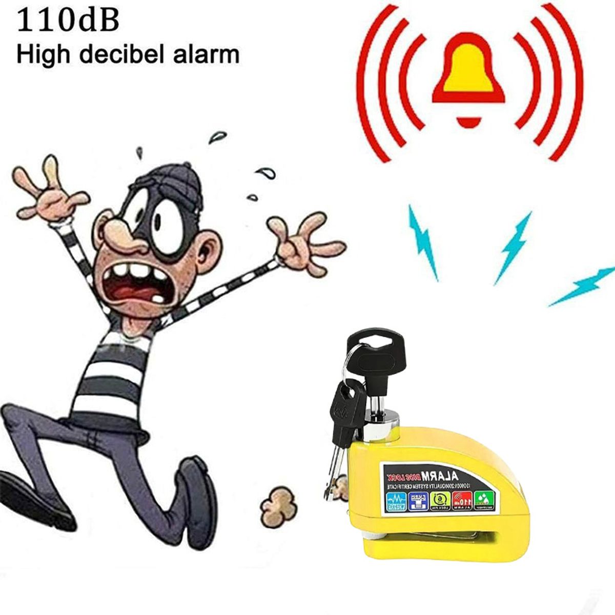 ATURE - Candado Con Alarma Freno Disco Moto + Piola Recordatoria