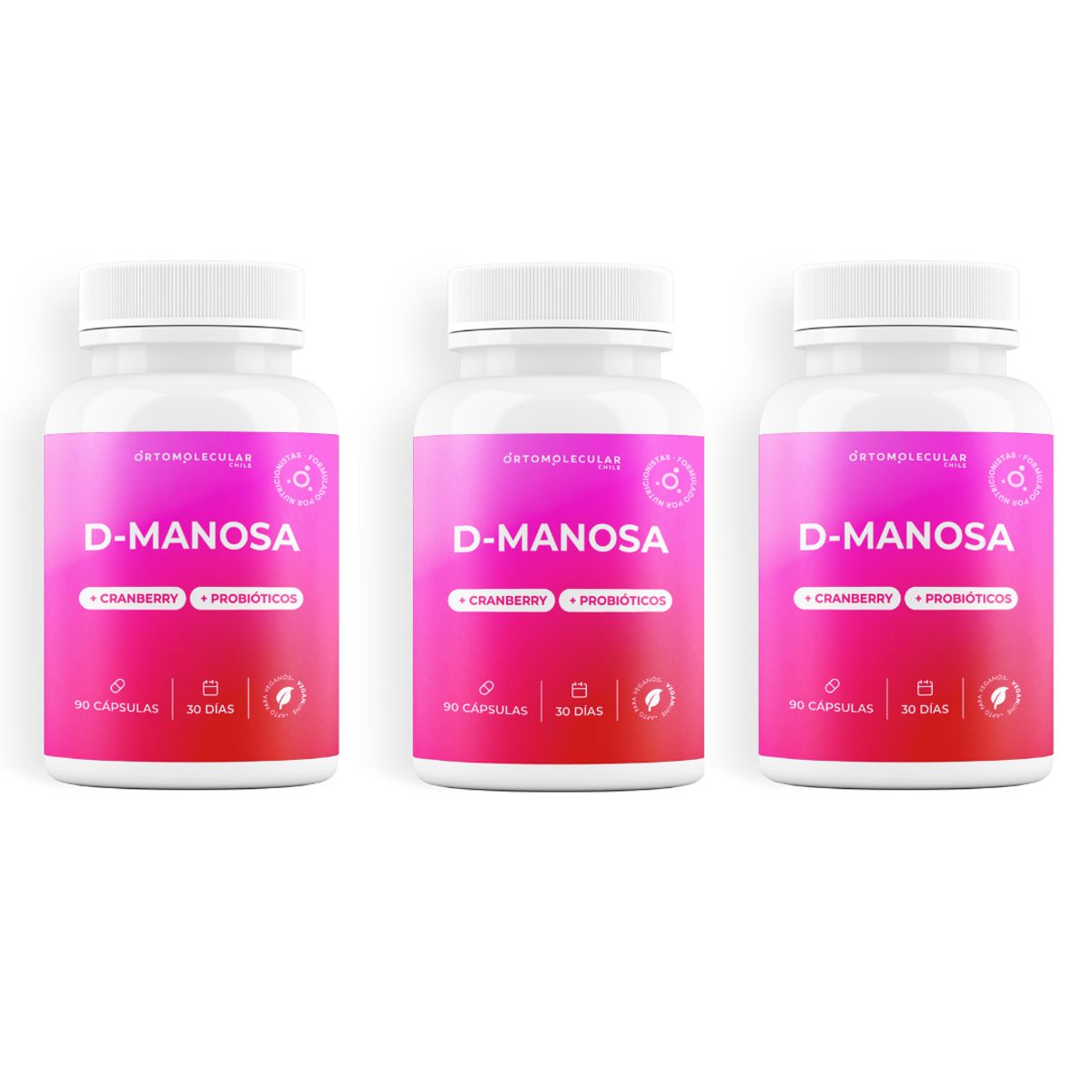 ORTOMOLECULAR - Pack x 3 D Manosa + Cranberry + Probioticos 90c Ortomolecular