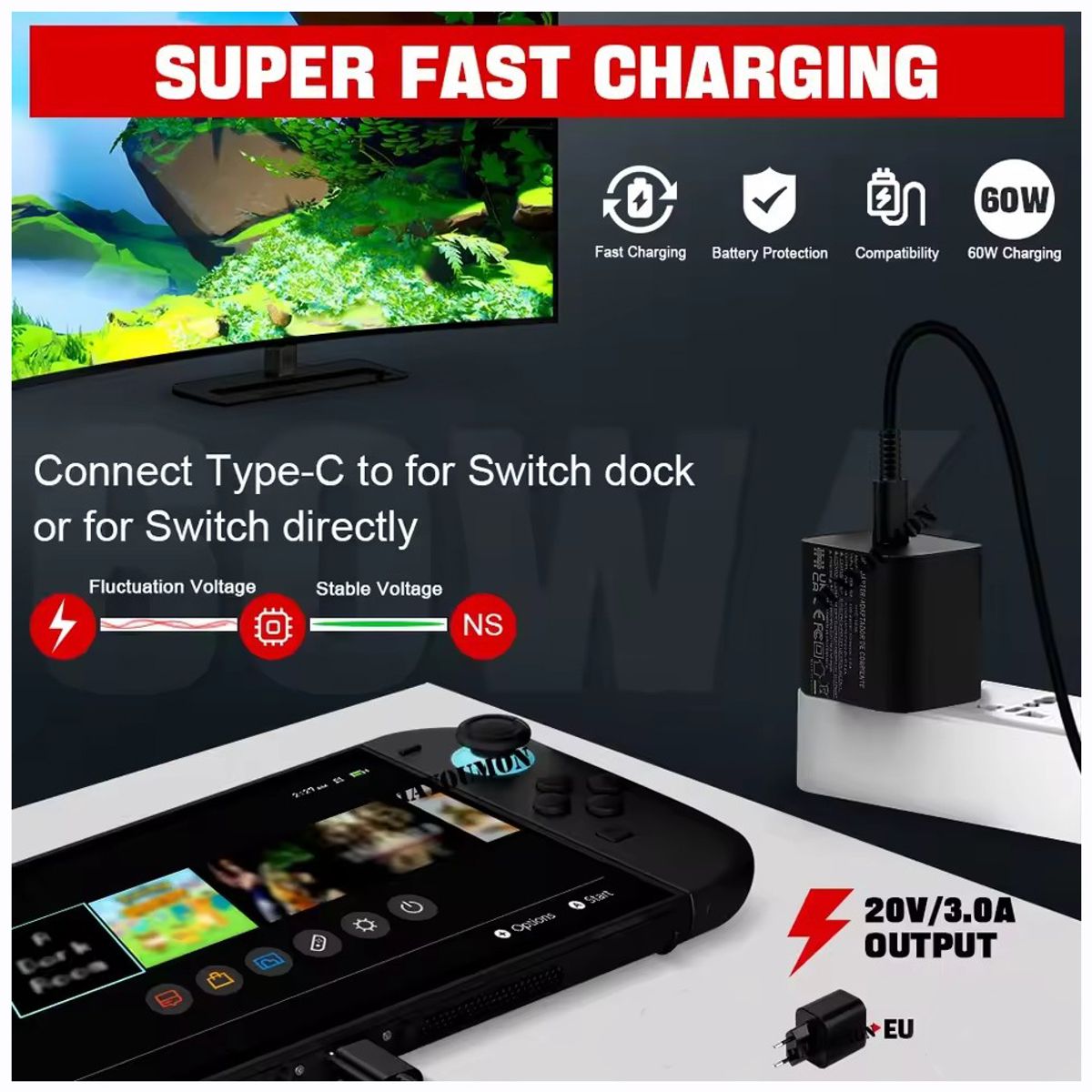 CORRERREY - Adaptador AC Carga rápida de 60W Con cable USB para Nintendo Switch 2