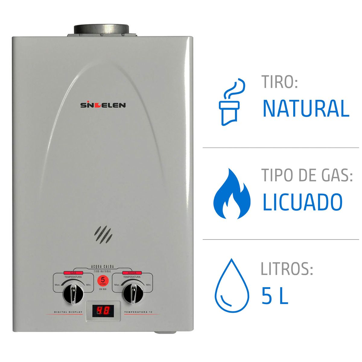 Calefont 5 Litros Gas Licuado Tiro Natural CFN-5GLSI, marca SINDELEN - Foto Principal