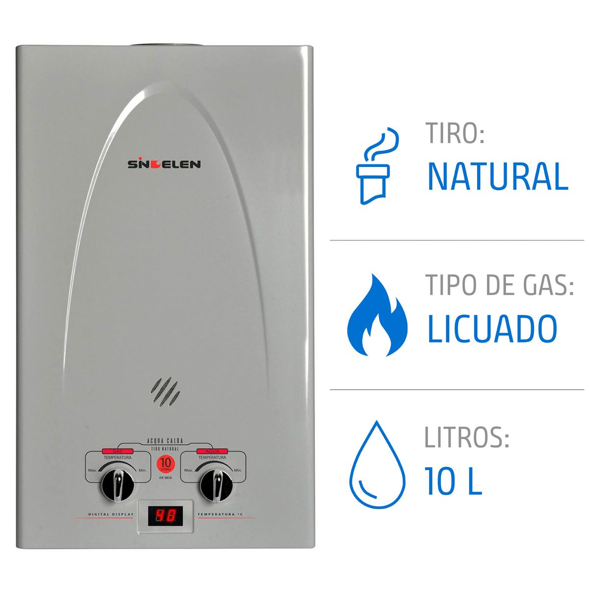 Calefont 10 Litros Gas Licuado Tiro natural CFN-10GLSI, marca SINDELEN - Foto Principal