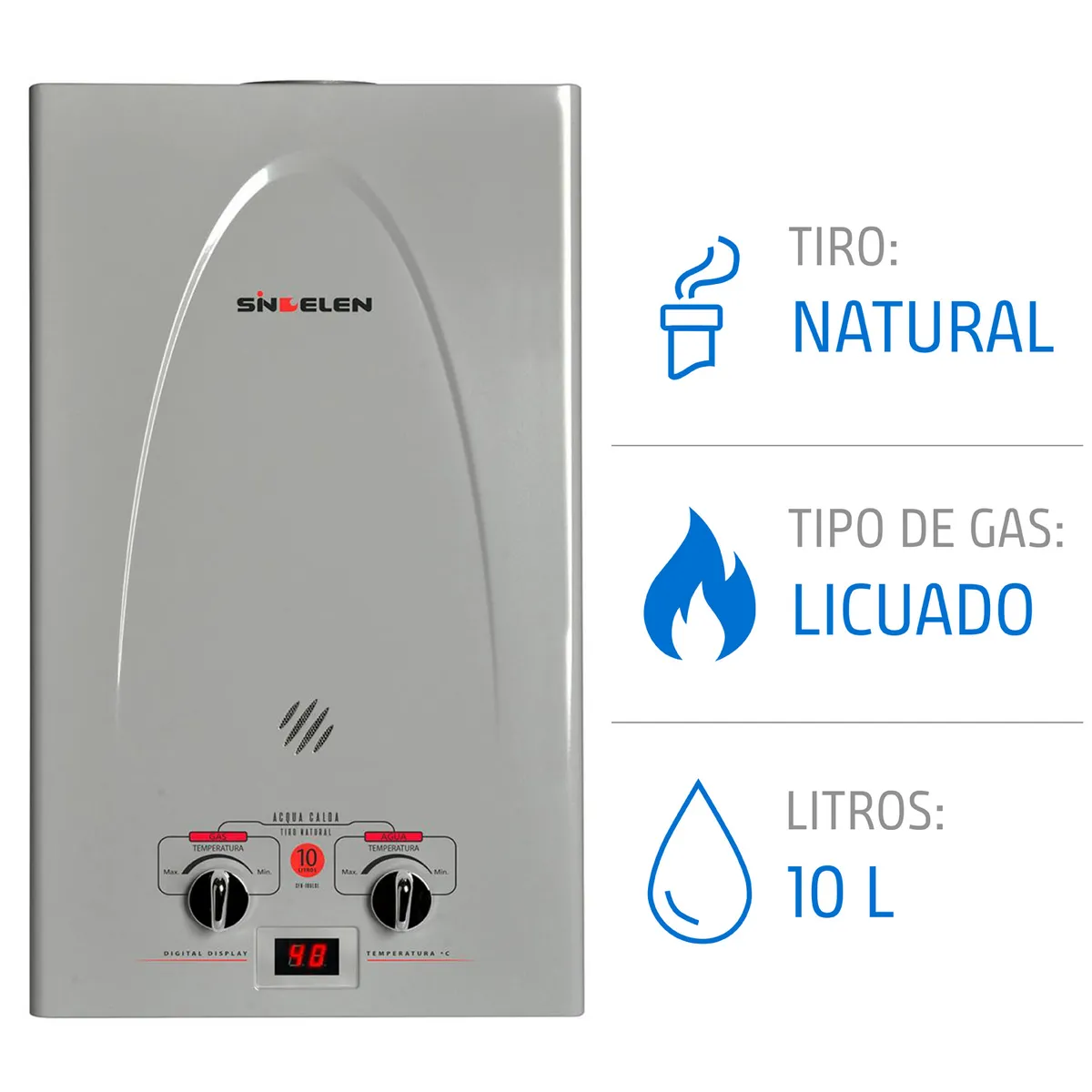 Calefont 10 Litros Gas Licuado Tiro natural CFN-10GLSI, marca SINDELEN - Foto Principal