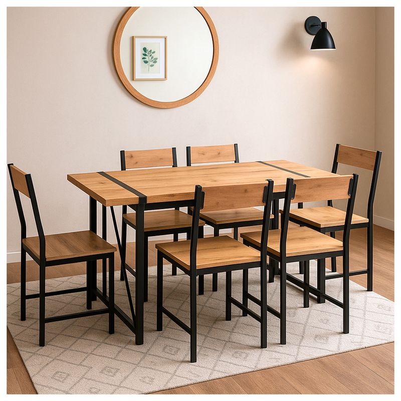 NOVAHUS - Comedor Mesa 75x80x150 6 Sillas Metal Madera