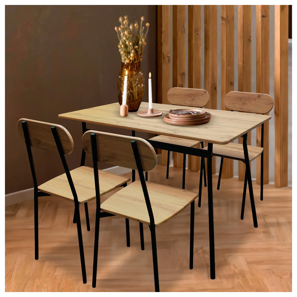 NOVAHUS - Comedor Rustik Mesa 70x75x110 4 Sillas Metal Madera