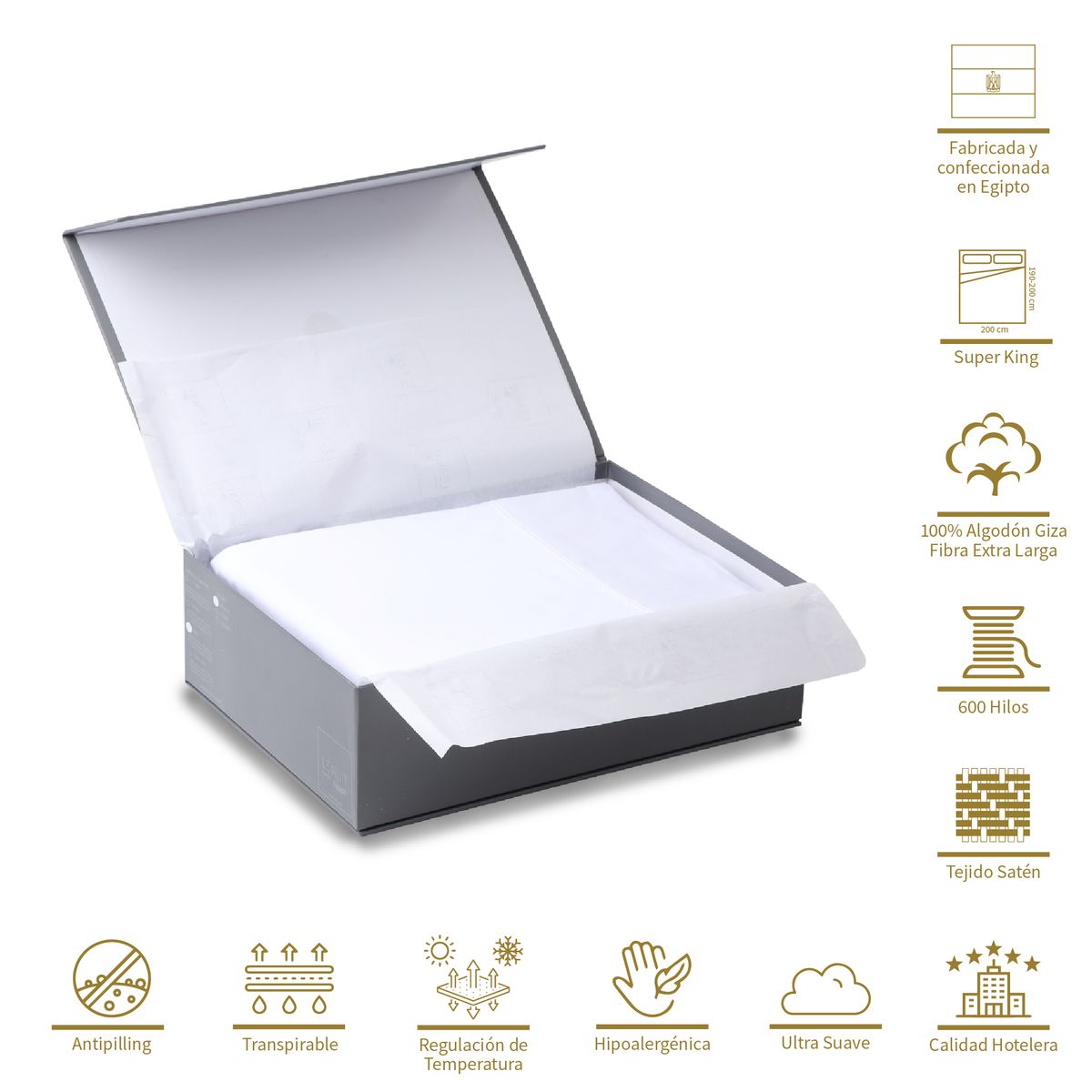 LE NUIT - Sábanas Super King Algodón Giza Satén  Egipcio 600 Hilos Liso Blanco