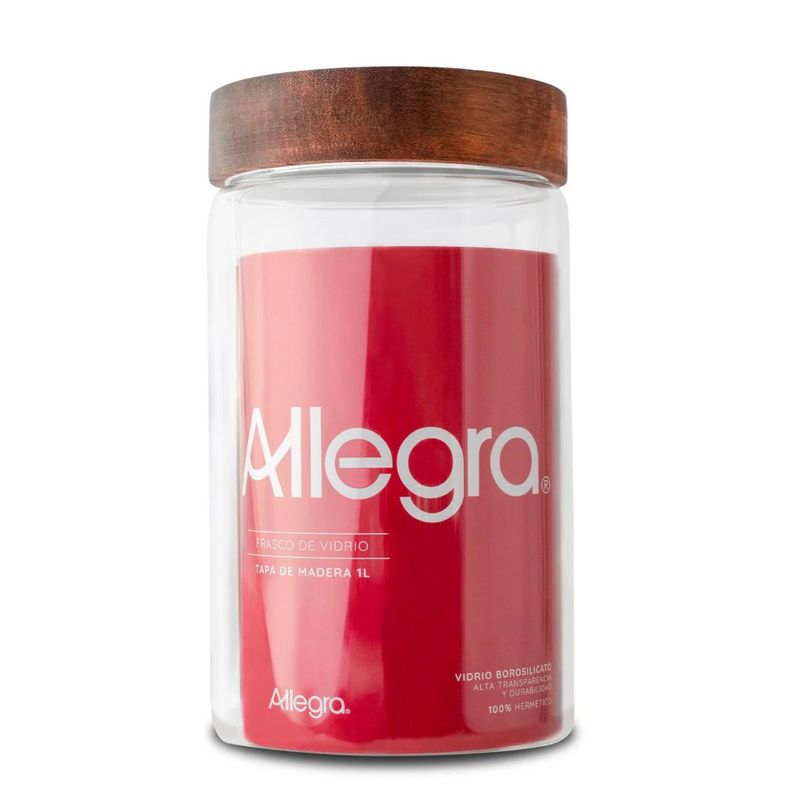 ALLEGRA - Frasco Vidrio Allegra 1 Litro Tapa Madera Vidrio Contenedor Cocina