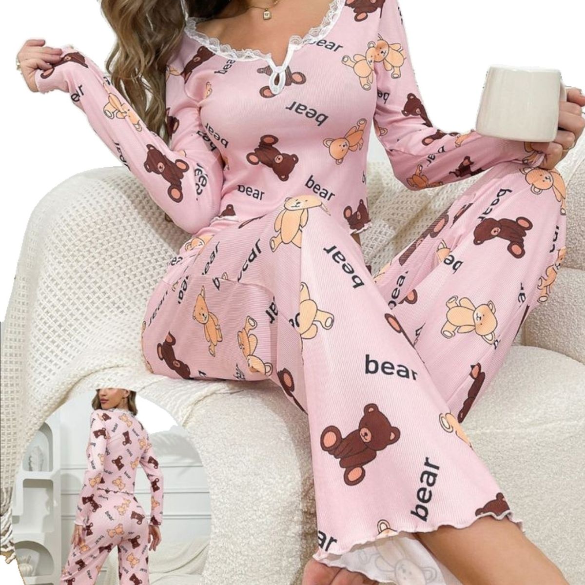 GARSIL - Conjunto Pijama Mujer Polera Y Pantalon Largo - Diseño Oso