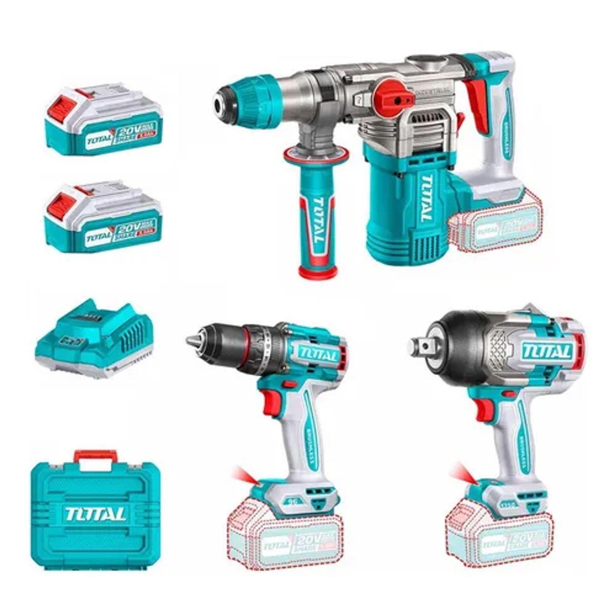 TOTAL TOOLS - Kit Rotomartillo+ Taladro Percutor+ Llave Impacto 20v Total