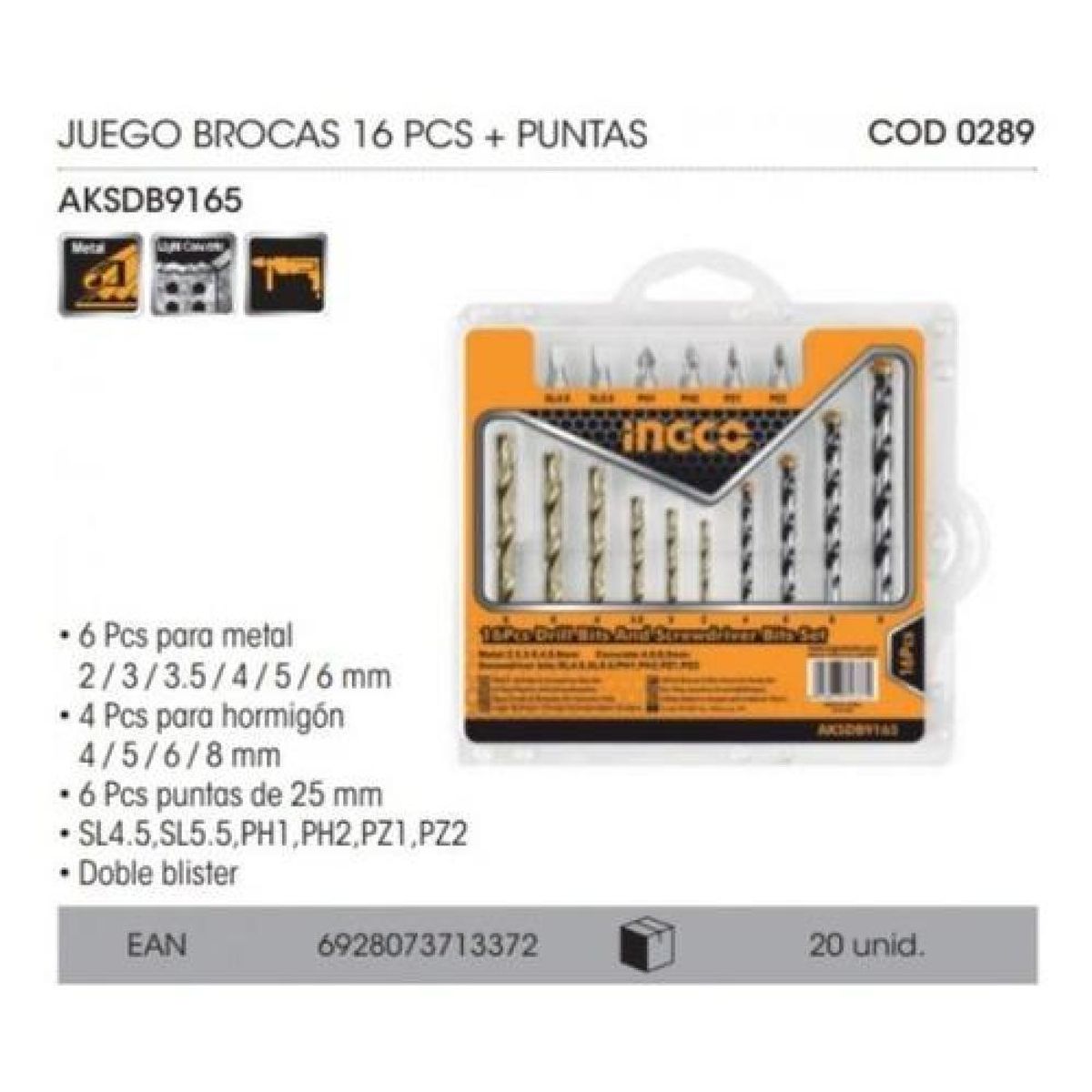 INGCO - Juego De Brocas Concreto + Acero Y Puntas 16pzas Ingco