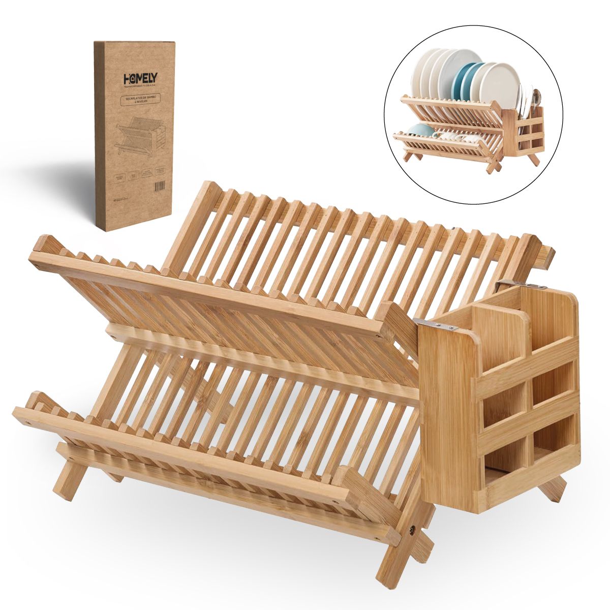 HOMELY - Secaplatos 2 Niveles Bambu Homely Escurridor Portacubiertos