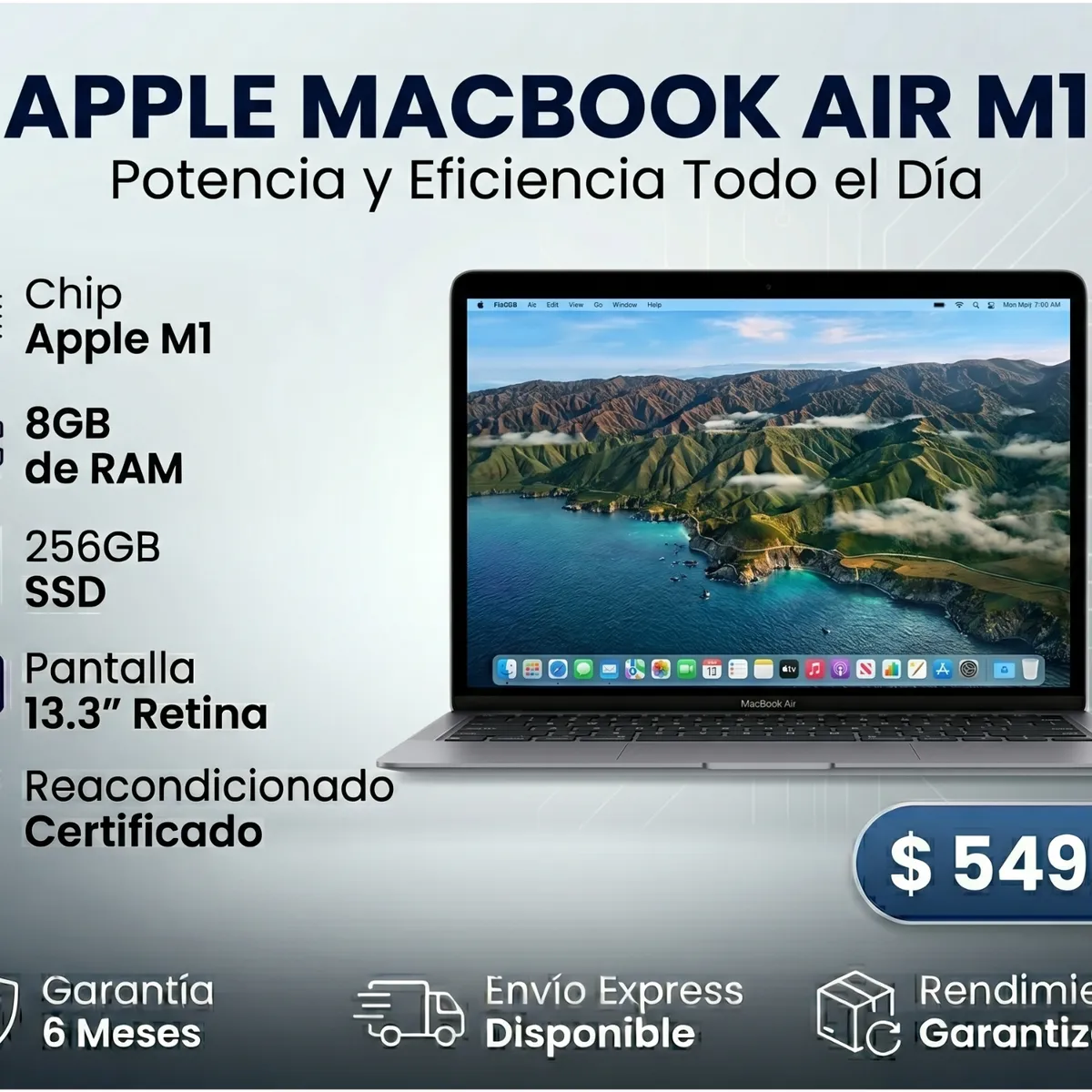 APPLE - Macbook Air M1 Retina 13.3" Final 2020 8 Nucleos 8GB Ram 256GB SSD Reacondicionado