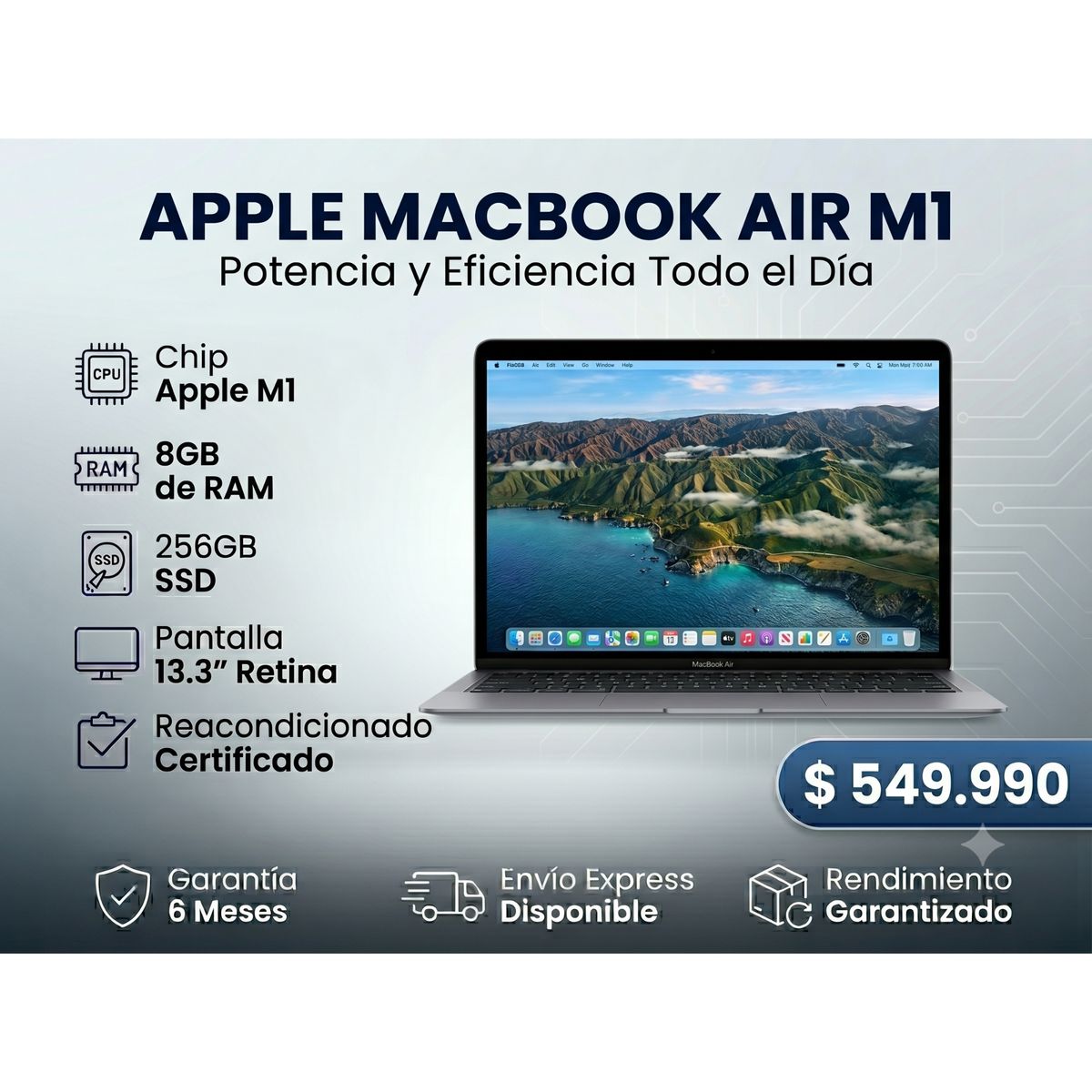 APPLE - Macbook Air M1 Retina 13.3" Final 2020 8 Nucleos 8GB Ram 256GB SSD Reacondicionado
