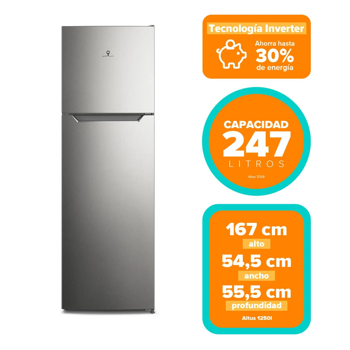 MADEMSA - Refrigerador Mademsa 247L No Frost Top Freezer Inverter Puerta Reversible Altus 1250I Inox