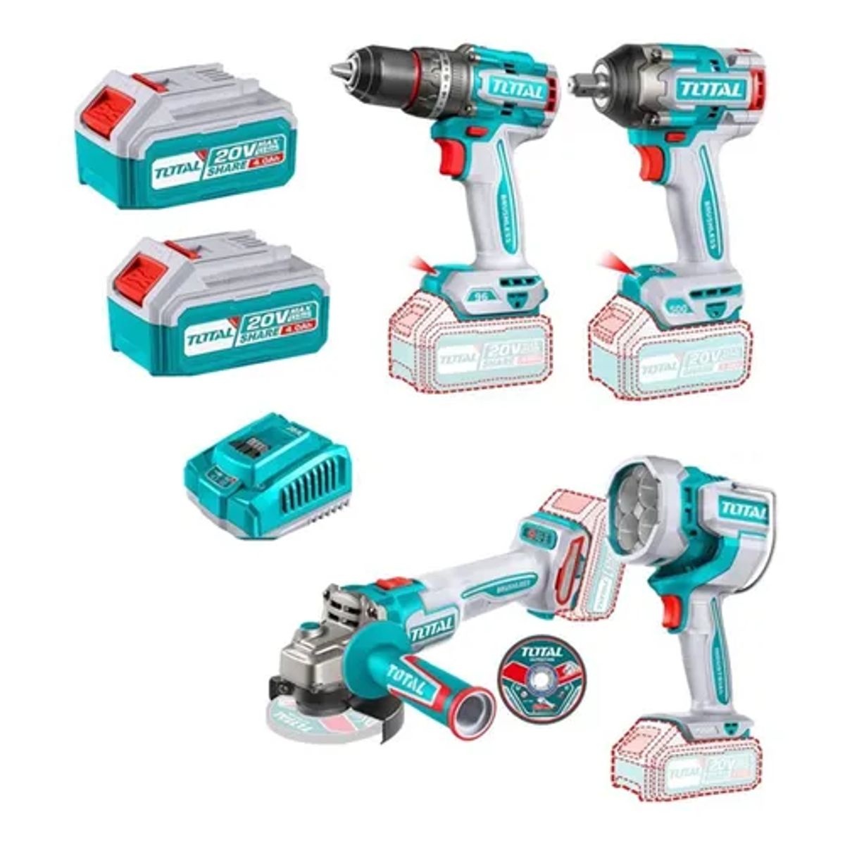 TOTAL TOOLS - Taladro+ Llave Impacto+ Galletera Esmeril+ Lampara 20v Total