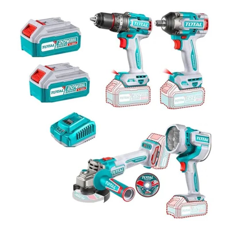 TOTAL TOOLS - Taladro+ Llave Impacto+ Galletera Esmeril+ Lampara 20v Total