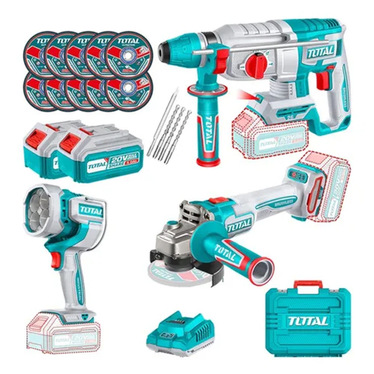 TOTAL TOOLS - Kit Rotomartillo + Galletera Esmeril + Lampara 20v Total