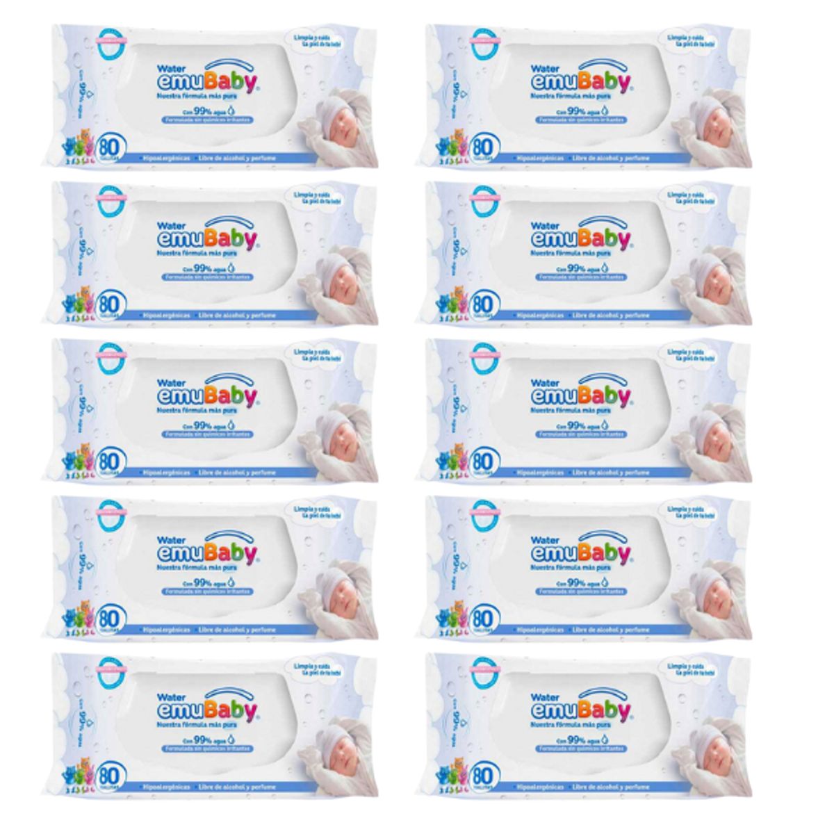 EMUBABY - Wipes Toalla Húmeda Emubaby Water 80 - Caja 10 paquetes 800 unidades