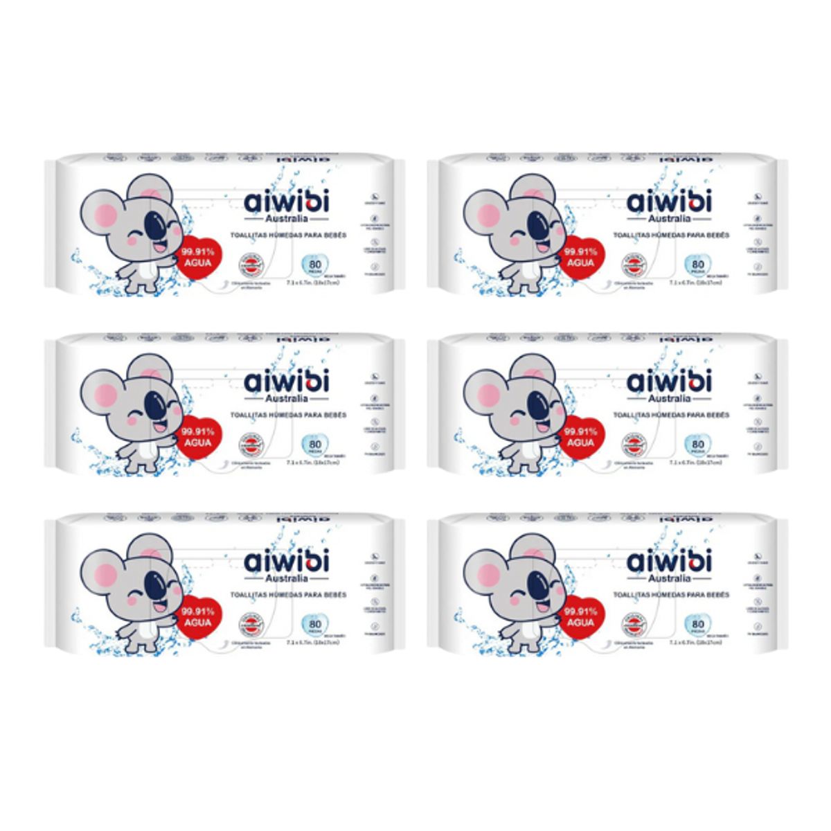 AIWIBI - Wipes Toalla Húmeda Aiwibi 99% agua 80 - 6 paquetes 480 unidades