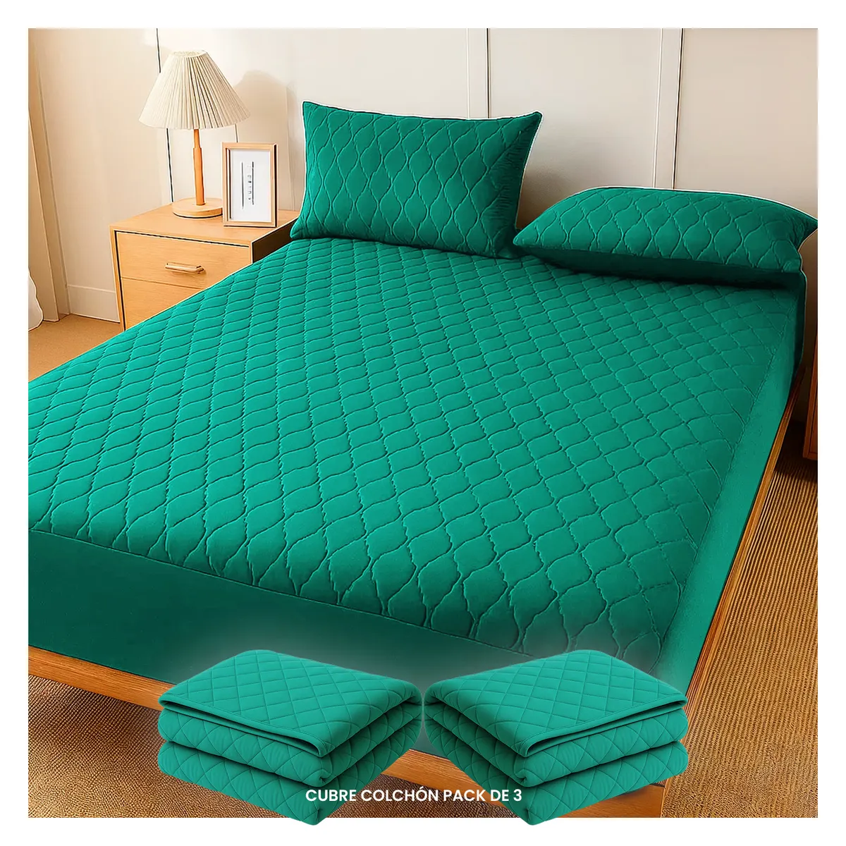 GENERICO - PACK 3X CUBRE COLCHON 2 PLAZAS IMPERMEABLE - Verde - 2 PLAZAS