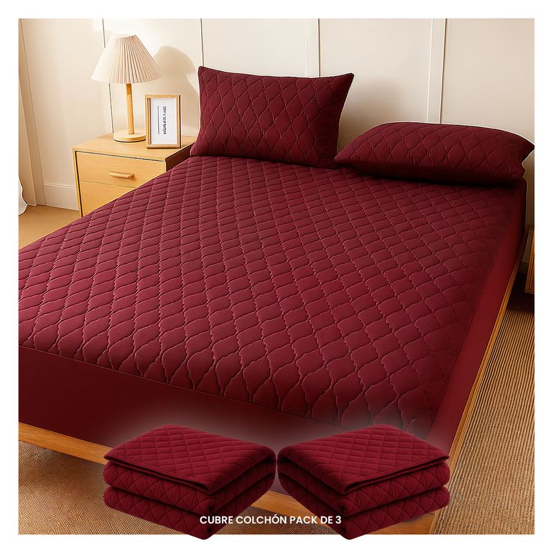 GENERICO - PACK 3X CUBRE COLCHON 2 PLAZAS IMPERMEABLE - Rojo - 2 PLAZAS