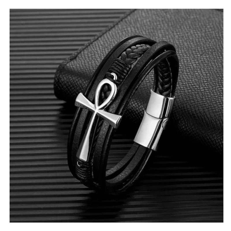 GENERICO - Pulsera De Cuero Cruz Silver Hombre Royal Madriz