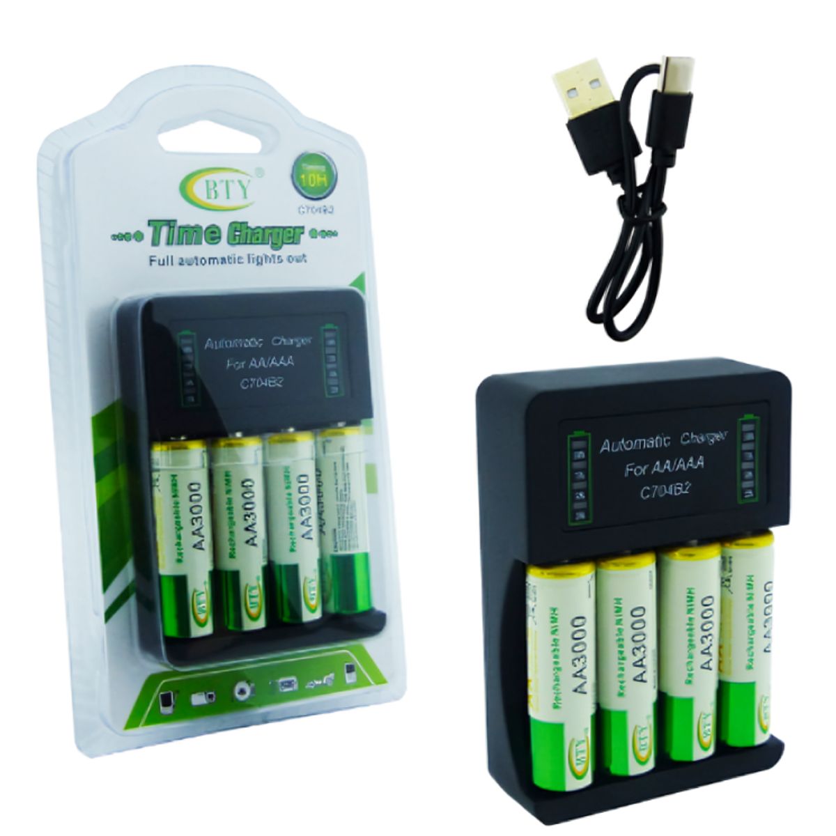 GENERICO - Cargador BTY-704B USB con 4 Pilas AA