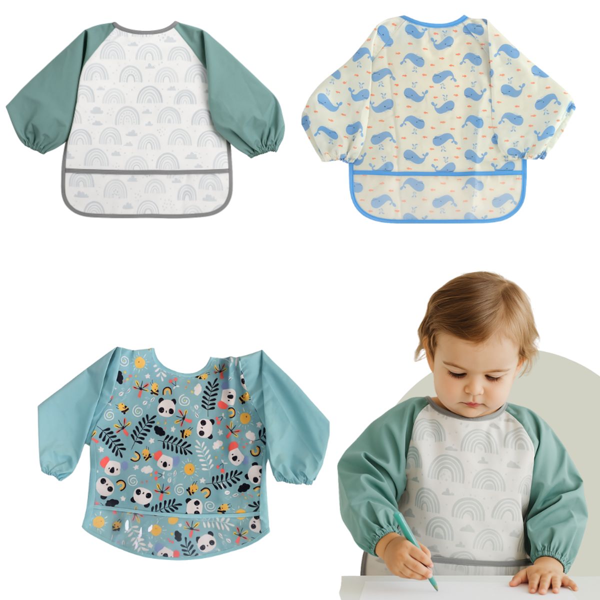 GARSIL - Pack 3 Delantales Baberos Impermeable 6-24 meses Manga Larga