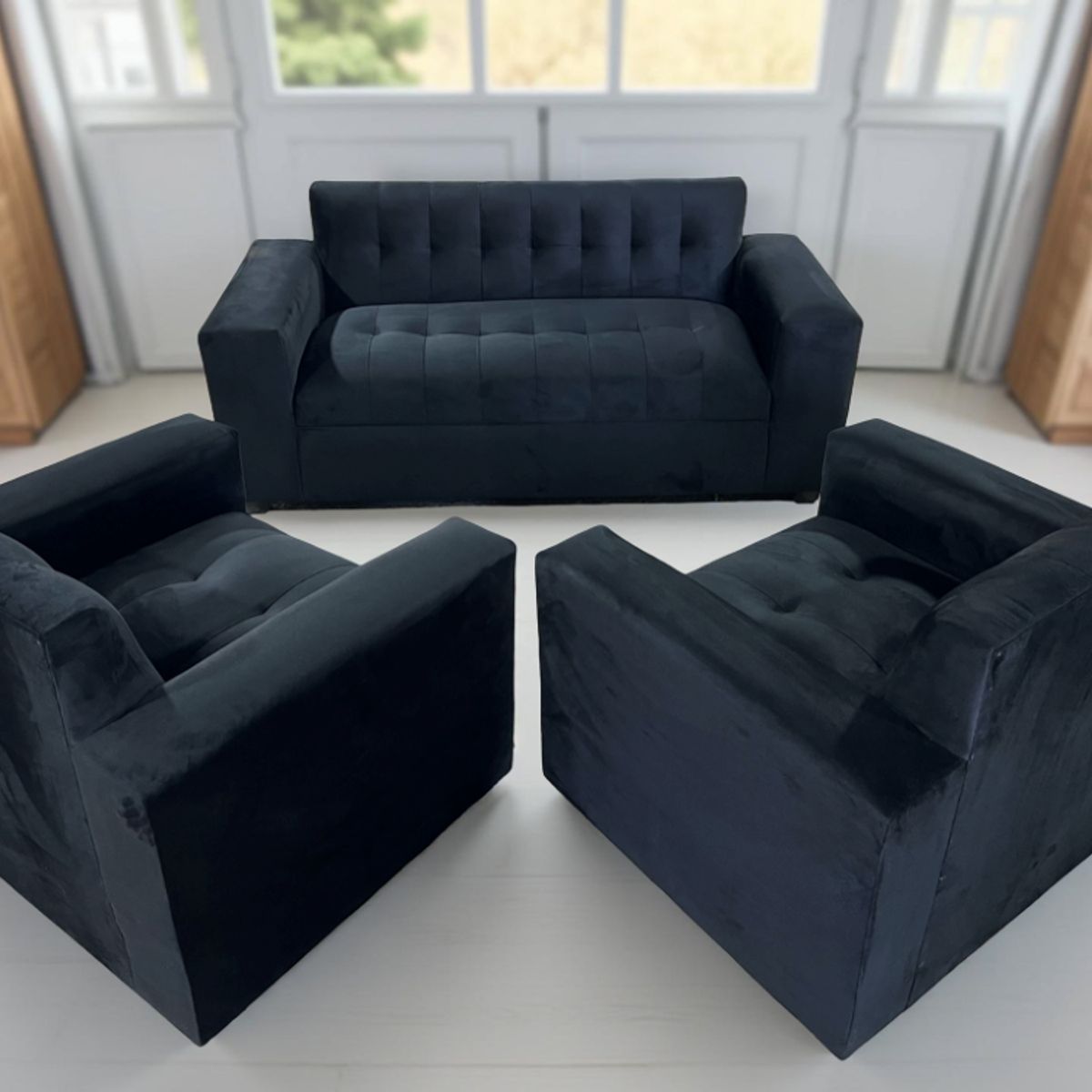 MUEBLES NEW - JUEGO DE LIVING NEGRO FELPA