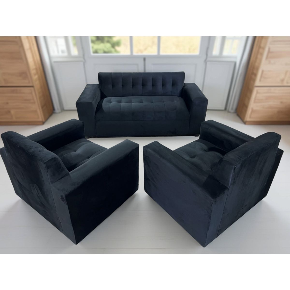 MUEBLES NEW - JUEGO DE LIVING NEGRO FELPA