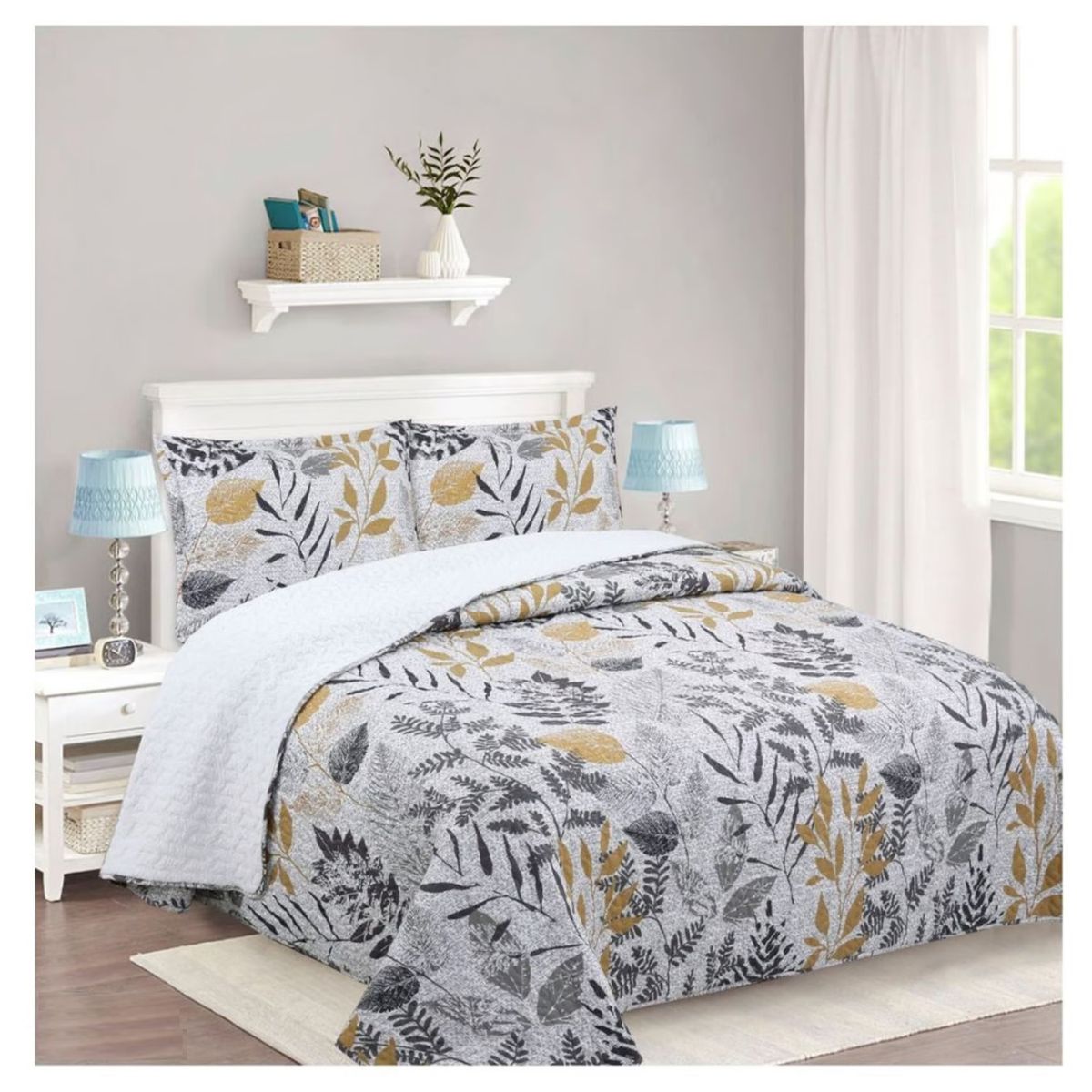 COMPRAPO - Cubrecama Quilt Sherpa King Modelo Hojas Mostaza + 2 Fundas